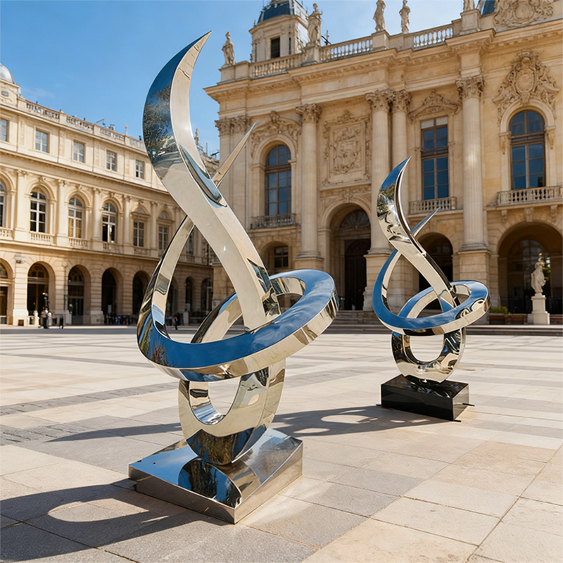 ブルー & シルバーの流線型金属彫刻